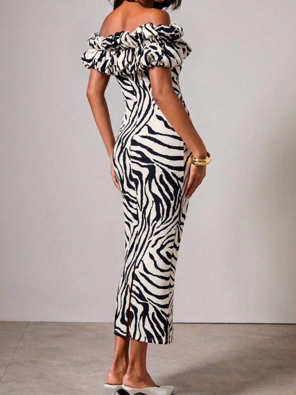 Elegant Women's Zebra Print Ruffle off shoulder design body fitted midi Dress - Picture 2 of 6